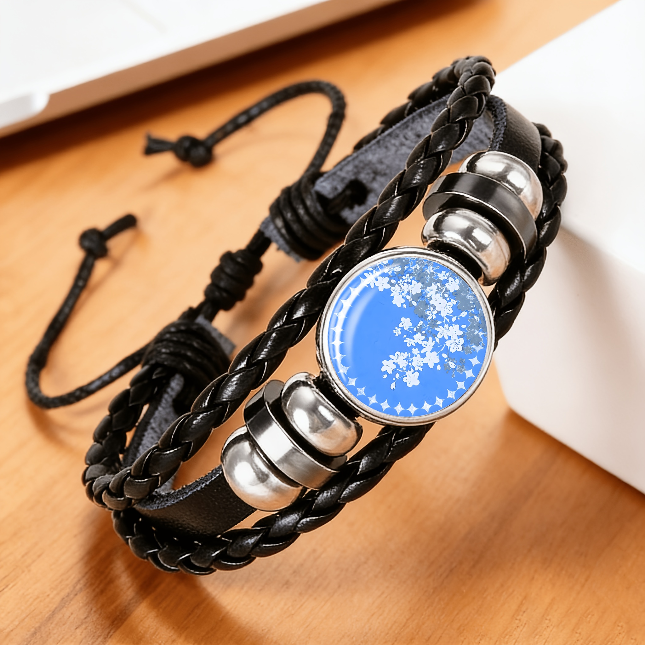 Black Woven Bracelet with Blue Round Pattern